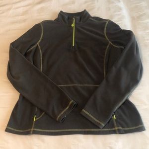 REI fleece- stitching detail, thumbhole & pockets